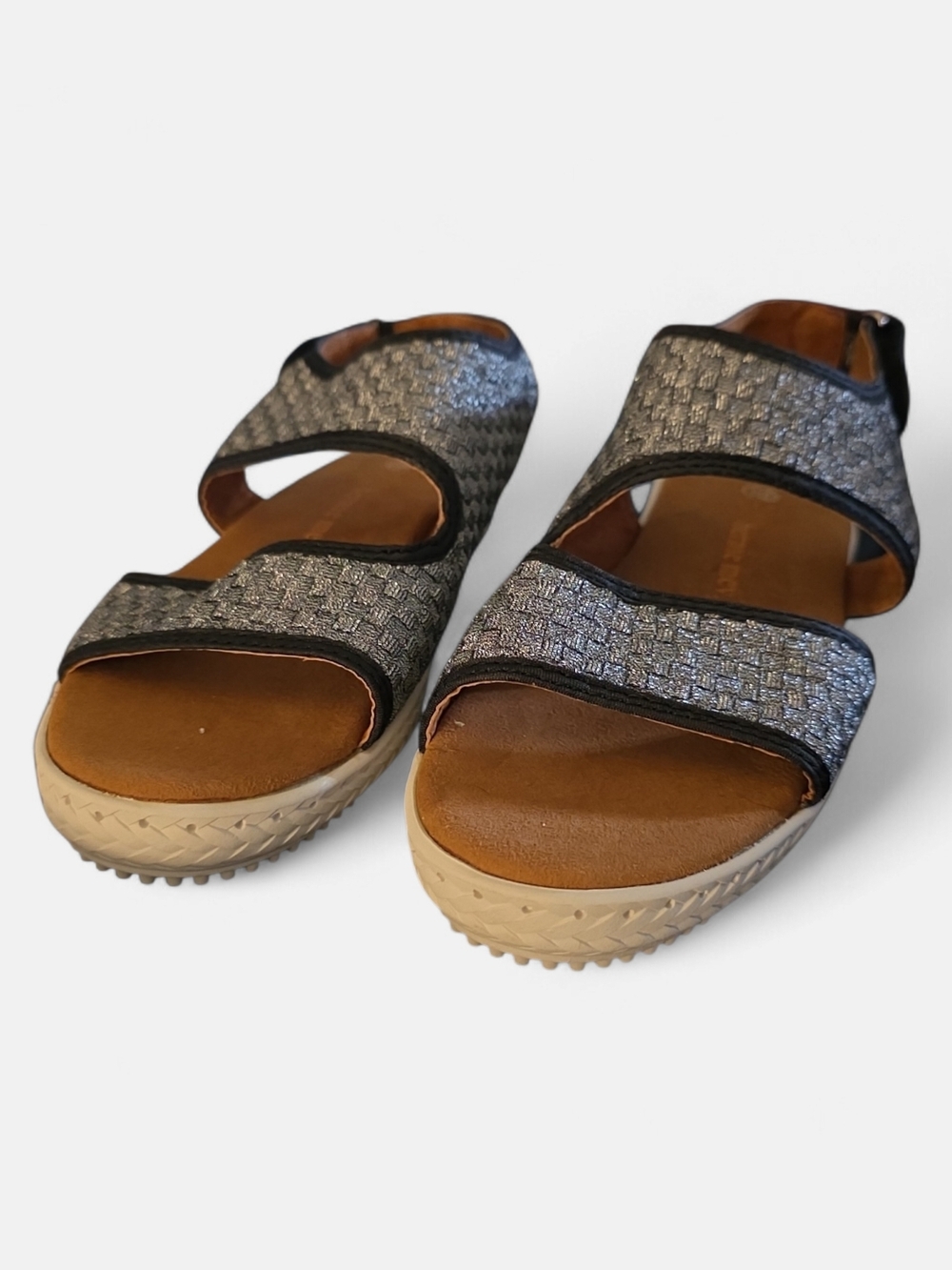 bernie mev. Metallic Silver Woven Strap Sandals - Womens